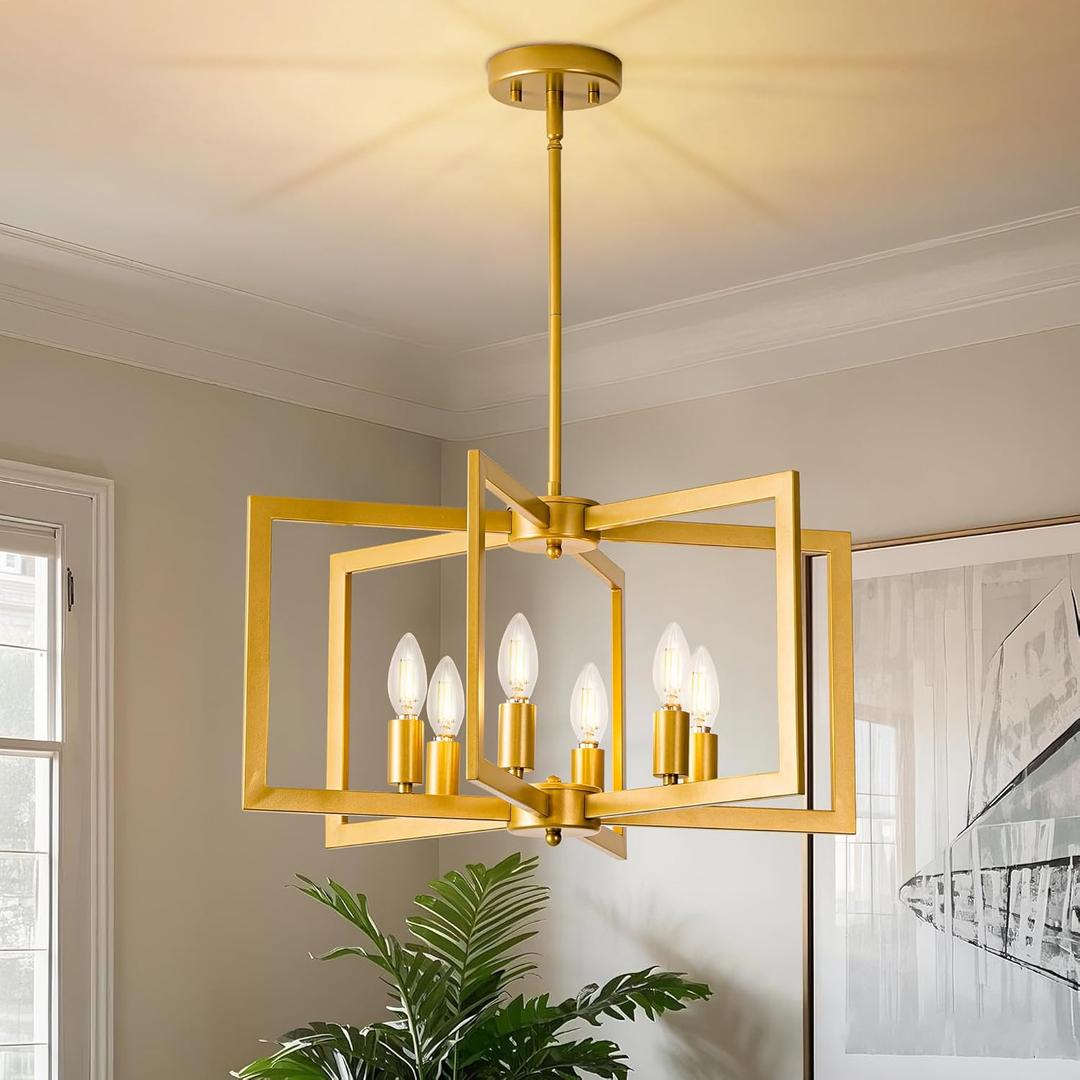 Modern Gold Chandeliers for Dining Room, Industrial Metal Chandelier, 6-Light Adjustable Pendant Light for Farmhouse, Kitchen, Living Room(No E12 Bulbs)