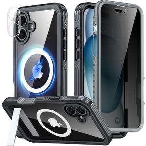 Magnetic & Stand for iPhone 16 Plus Case Built-in Privacy Screen Protector[360 Full Body Protection][Fit for Magsafe][Lens Protector] Heavy Duty Shockproof Phone Case for iPhone 16 Plus Black