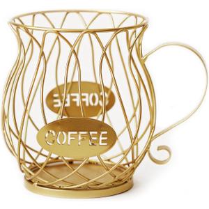 Metal Coffee Pod Holder, Large Capacity Capsule Organizer Basket for Countertop, Creative Cup Shaped Storage for Bar Accessories, Compatible with K-cups & Nespresso (Gold Pot)