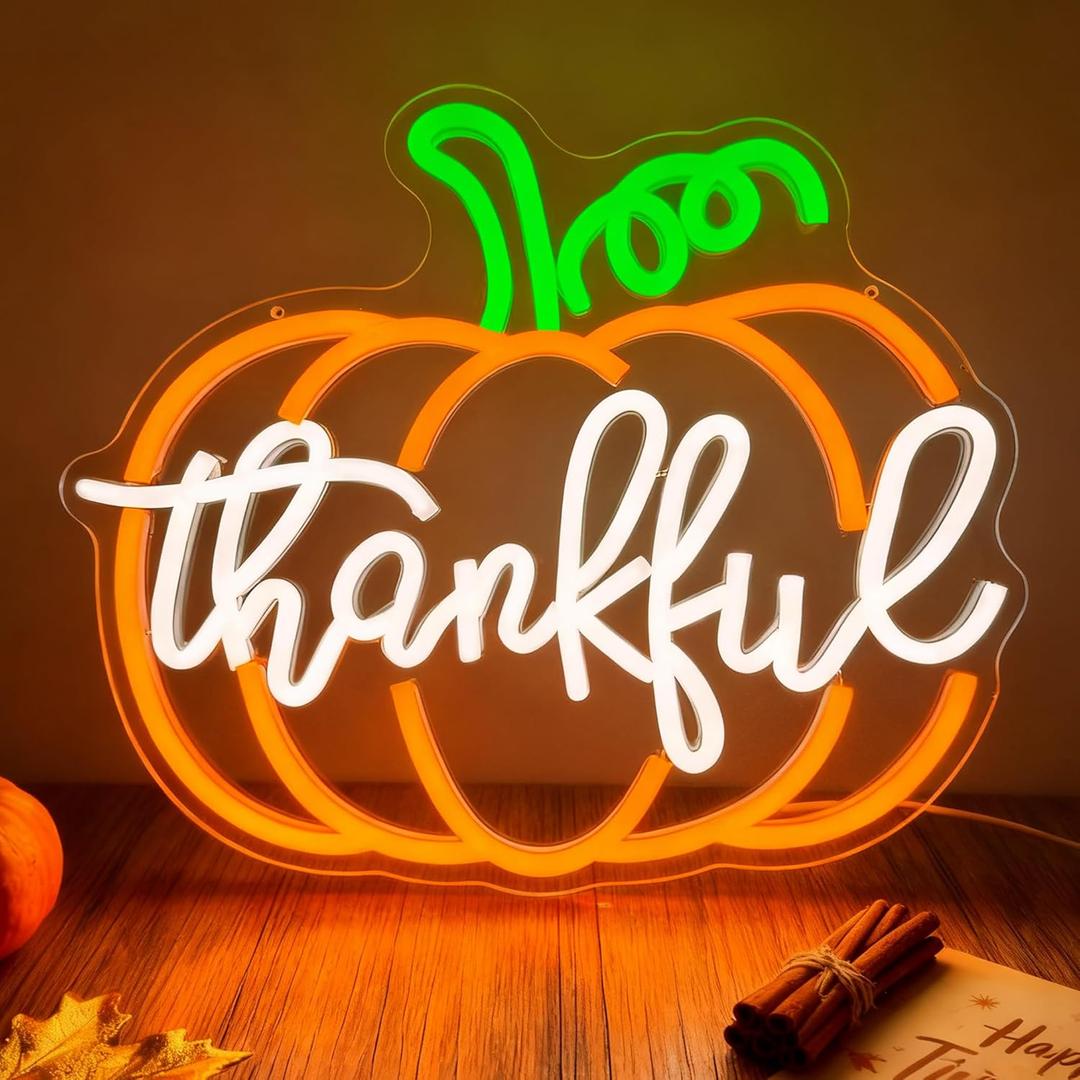 Thankful Pumpkin Neon Sign Thanksgiving Led Sign Fall Neon Light Sign for Bedroom Party Halloween Autumn Decor Present
