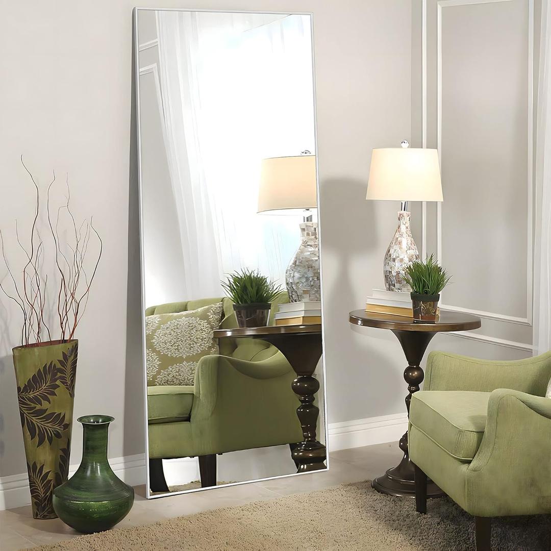 NeuType 47"x22" Full Length Mirror Aluminum Alloy Frame Dressing Mirror for Bathroom/Bedroom/Living Room/Dining Room/Entry, Wall Mounted or Leaning Against Wall, Silver (No Stand)