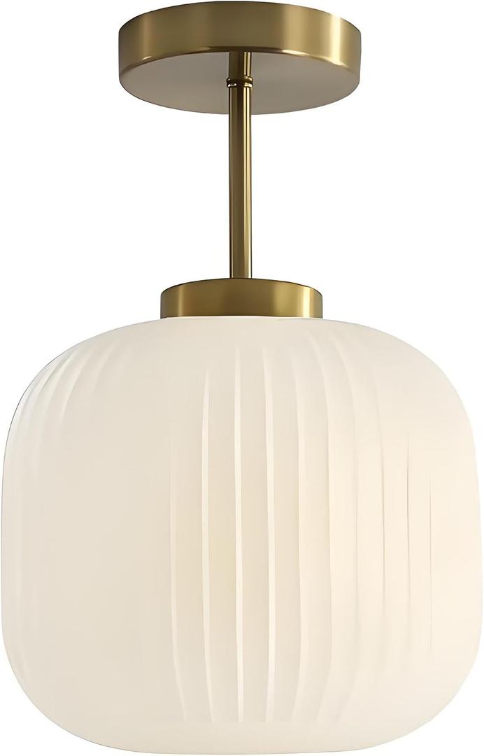 Vintage Brass & Glass Flush Mount Pendant Light, Minimalist Ceiling Lamp, E26 Chandelier for Bedroom, Hallway & Living Room Décor (White), 20cm