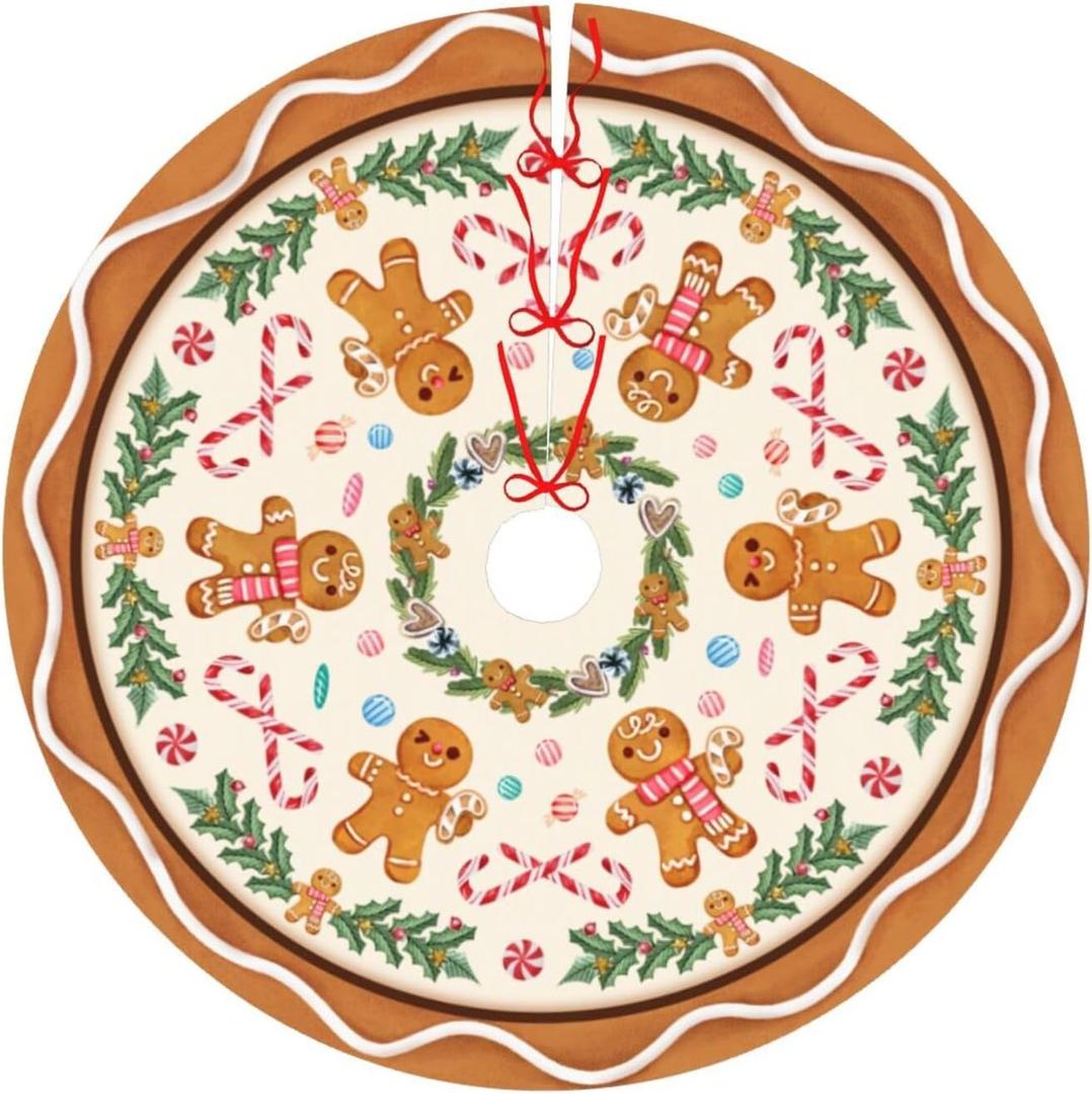 Candy Gingerbread Man Christmas Tree Skirt Xmas Tree Mat Halloween Thanksgiving Christmas Tree Ornaments Decorations Holiday Party Indoor Outdoor 36" (5)