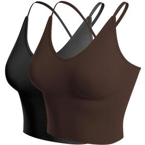 Design by Olivia Women's Casual Seamless Padded Workout Sports Bra Cami Cropped Yoga Tank Top with Adjustable Straps (2pack - Black/Brown), S/M