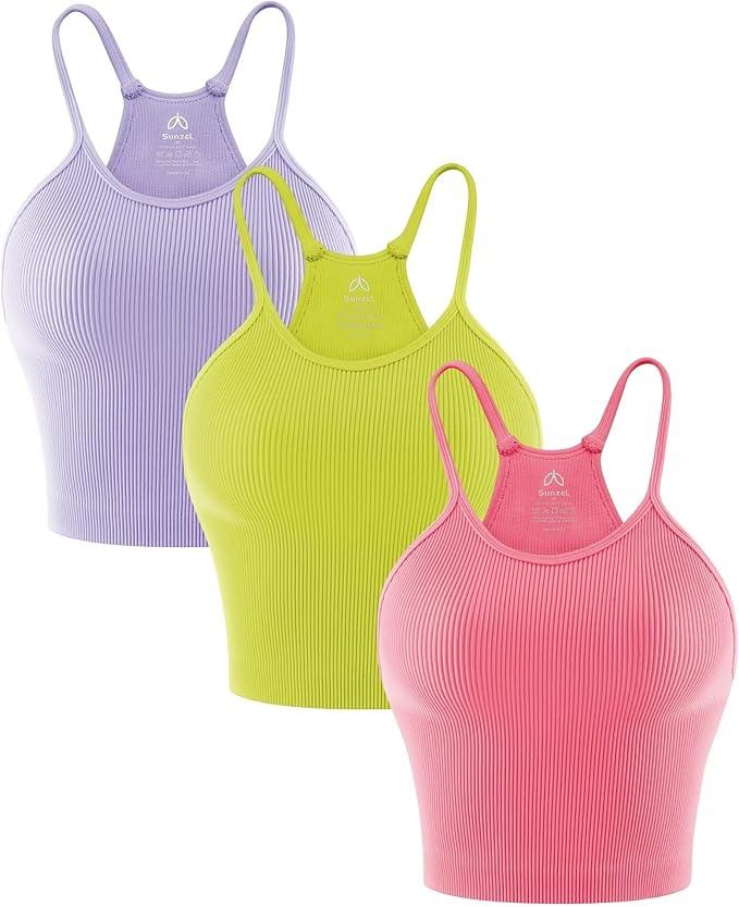 Sunzel Ribbed Crop Tank Top for Women, Seamless No Padding Racerback, Slim Fit Stretchy Workout Gym Yoga Camisole Lilac Fragilesprout Gumpink(3pcs) M