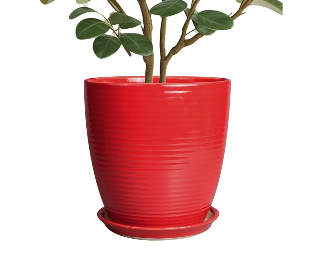 Ceramic Planter 10 Inch - Ceramic Pot for Plants Large Plant Pot Indoor with Drainage Hole and Saucer Round Outdoor Planter Modern Flower Pot for Garden House Red