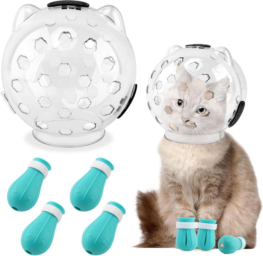 Cat Muzzle for Grooming, Transparent Cat Helmet with 4 Silicone Claw Covers, Adjustable Breathable Kitty Hood Anti Bite Bubble Astronaut Grooming Mask for Pet Bath Nail Trimming,L
