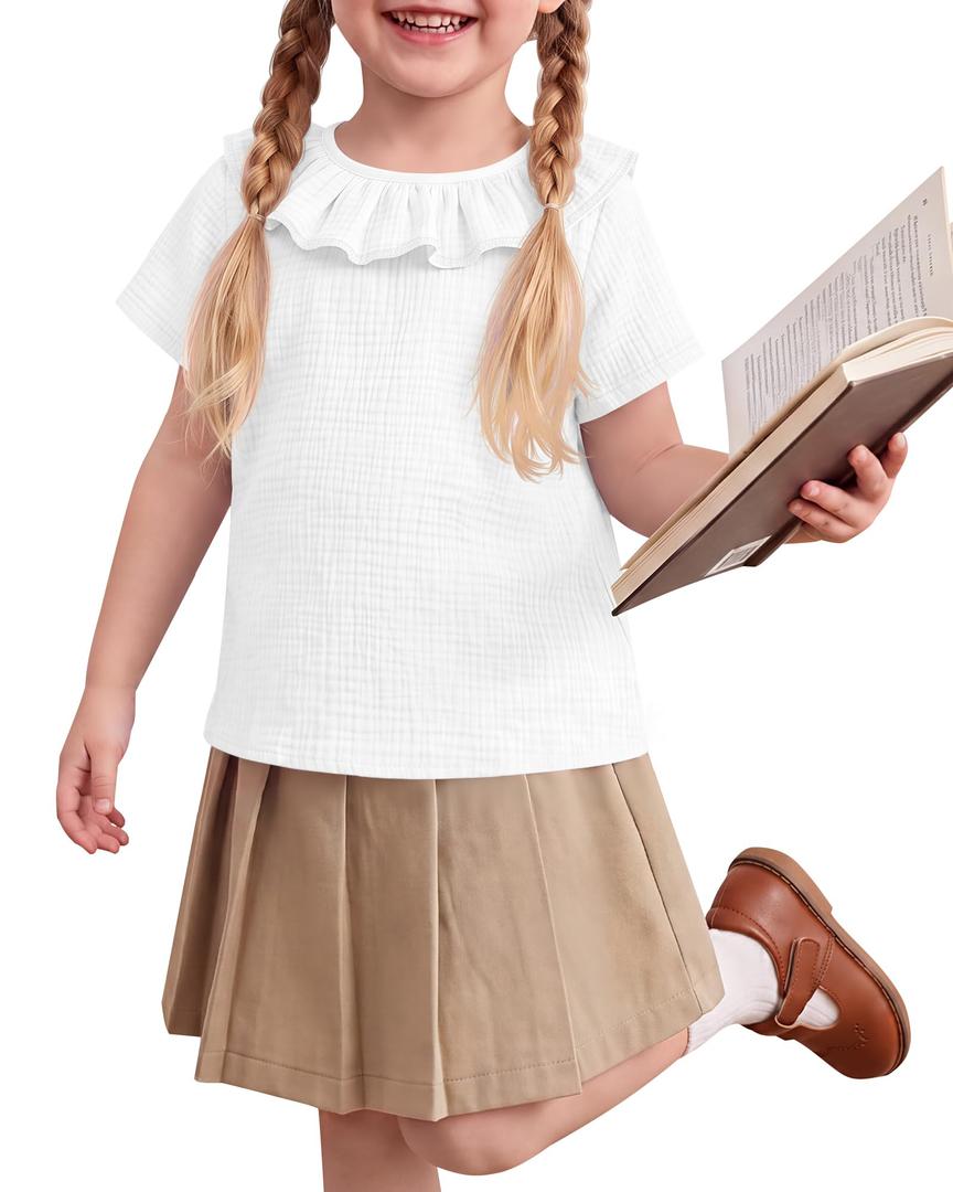 YooAurvox Girls Ruffle Collar Back to School Shirt, White, 4T