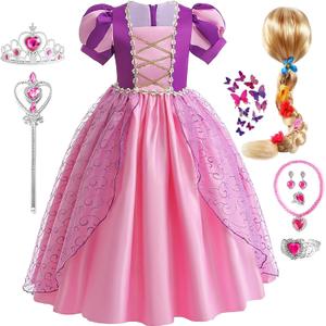 G.C Girls Princess Costume Dress Up Toddler Puff Sleeve Dresses Wig Crown Wand Jewelry Halloween Cosplay Clothes (110(3-4 Years))