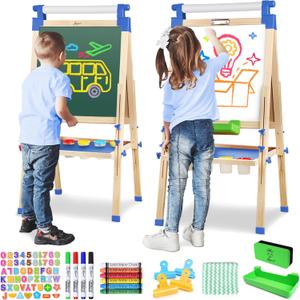 JOYOOSS Easel for Kids Art Easel Kids Easels for Toddlers,Wooden Kid Easel with Paper Roll - Adjustable Magnetic Double Sided Kids Dry Erase Board,Birthday Gifts for 1-12 Year Old Girls or Boys Blue