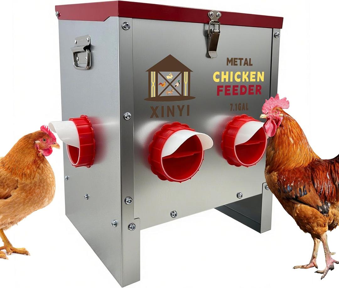 XINYI 7.1 Gallon Auto Chicken Feeder, 6 Ports Galvanized Chicken Feeder,Large Chicken Food Container No Waste & Rodent Proof Chicken Food Dispenser System, Weatherproof Duck Feeder
