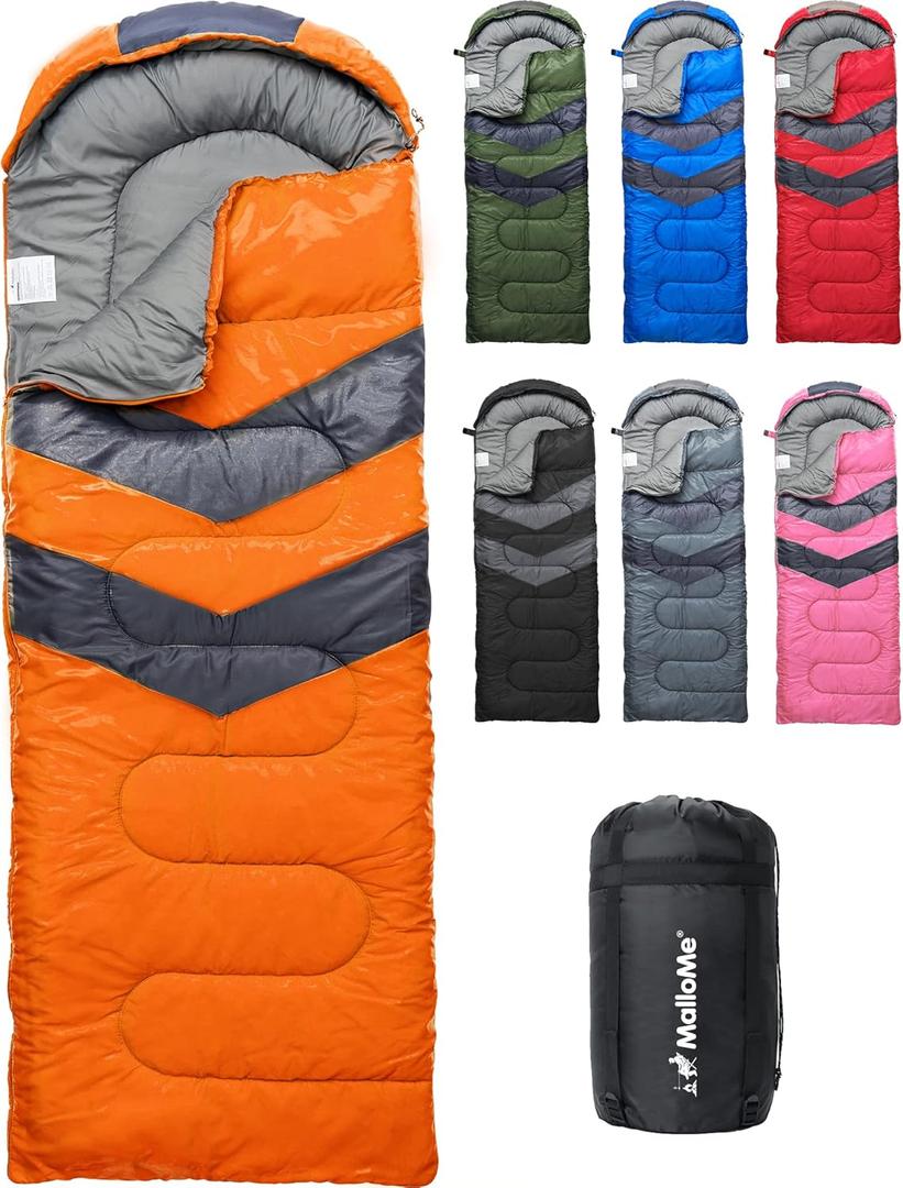 MalloMe Sleeping Bags for Adults Cold Weather & Warm - Backpacking Camping Sleeping Bag for Kids 10-12, Girls, Boys - Lightweight Compact Camping Essentials Gear Accessories Hiking Sleep Must Haves (50-80F Everyday 3 Season - Orange)