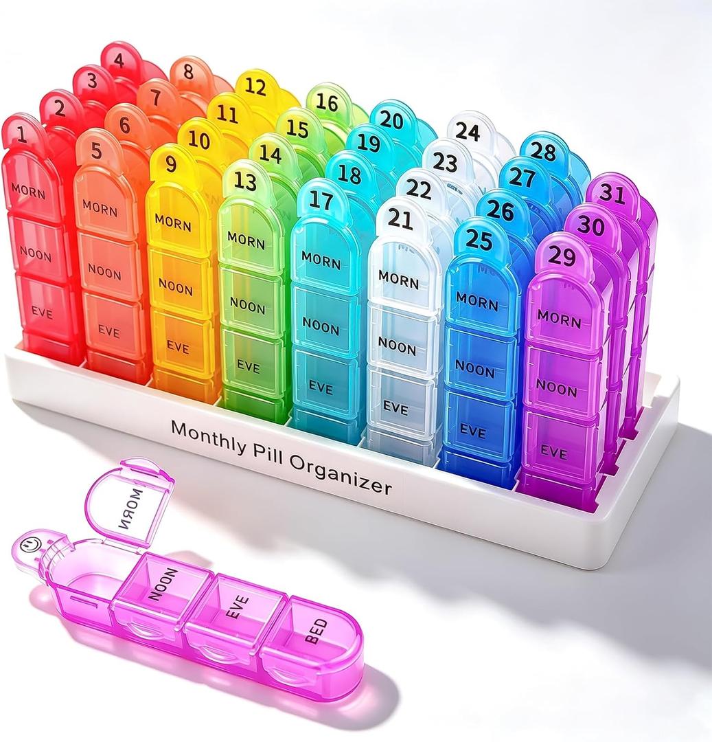 Cruxer Monthly Pill Box Organiser 4 Times a Day, Daily Travel Pill Boxes, Medicine Storage Box, Pill Dispenser 1 Month 32 Compartments, Tablet Organiser to Hold Vitamins, Fish Oil, Supplements