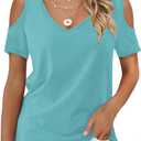 Buauty Womens Summer Trendy Shirts V Neck Criss Cross Cold Shoulder Tops Solid Color Fashion Casual Loose Sexy Blouse (Medium, Turquoise)