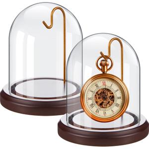 Beeveer 2 Pcs Pocket Watch Glass Display with Hooks Dome Cloche with Wood Base Christmas Decorative Showcase for Watch Plants Medals Photos Collectibles(Reddish Brown,3" X 4",Dome Style)