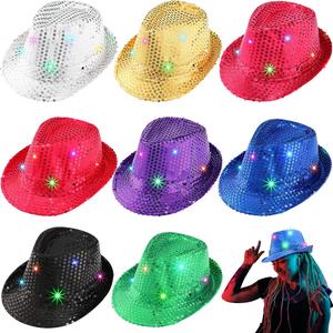 8 Pcs LED Lighted Sequin Fedoras Hats, Flashing Cowboy Hat, Lights Cowgirl Hat Bulk for Halloween Men Women Concerts Jazz Dance Party, 8 Colors
