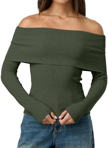LILLUSORY Womens Off The Shoulder Sweater Fall Long Sleeve Going Out Y2k Tops Winter Date Night Outfits (L, Dark Green)