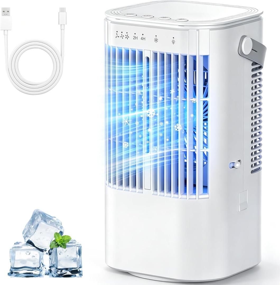 Portable Air Conditioners 4-in-1 Mini Small Air Conditioner Evaporative Air Cooler Fan with 1000ml Water Tank 3 Speeds 7 LED Lights Personal Mini AC with Timer for Bedroom Desktop Home Office (White)