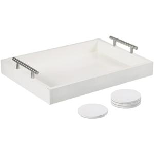 Serving Tray 16.5X 13 Deluxe Wooden Ottoman Tray, Coffee Table with Polished Silver Metal Handles-4 Round Coasters Included, White