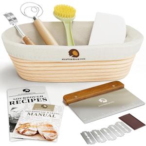 Superbaking 10" Oval Banneton Bread Proofing Basket  Sourdough Starter Kit for Crusty Artisan Style Loaves, Includes Essential Bread Baking Supplies & Tools - Ideal Gift for Bakers