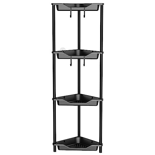 Orimade Rustproof 4 Tier Floor Standing Corner Shower Caddy Organizer, Plastic Metal Splicing Floor Corner Shelf Rack Storage Stands for Bathroom,10.8 x 10.8 x 44.6 inches, Black
