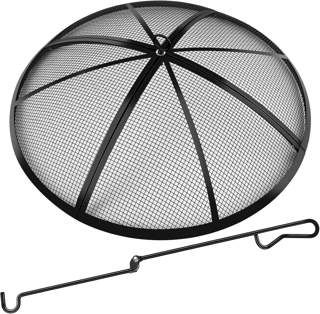 Fire Pit Spark Screen, Fire Pit Screen 36 Inch Round with Handle & Poker, Collapsible Heavy Duty Mesh Fire Pit Cover Fire Pit Lid for Outdoor/Patio/Backyard/RV Camping/Beach (Black)