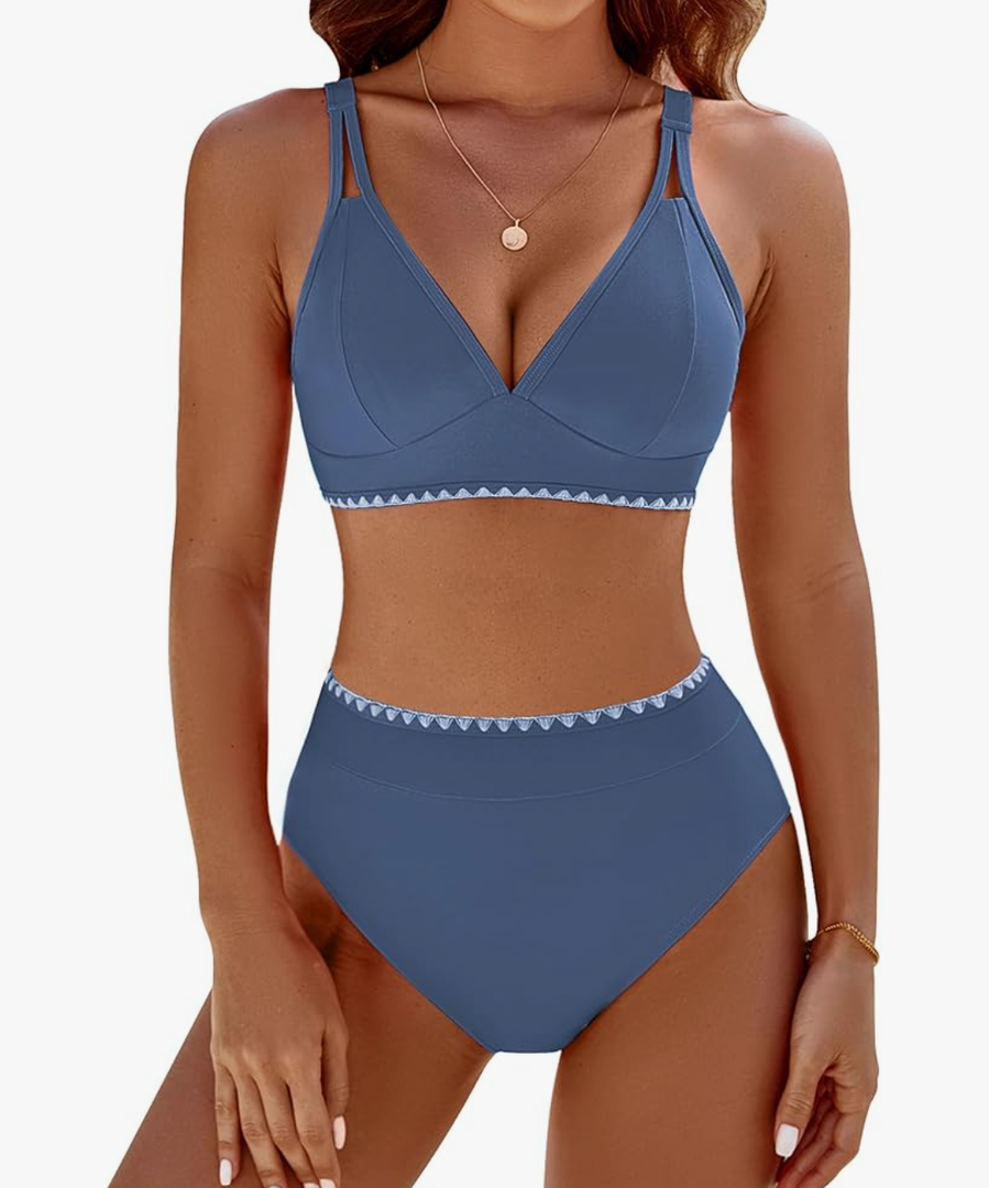BMJL Women's Bikini Sets V Neck High Waisted Swimsuits Shell Stitched Cheeky Two Piece Bathing Suit L