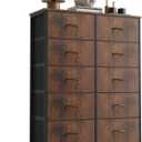 Sweetcrispy 10 Drawer Fabric Dresser Storage Tower with Bins, Tall Chest Organizer for Bedroom Closet Hallway, Steel Frame Wood Top Easy Pull Handles,Rustic Brown