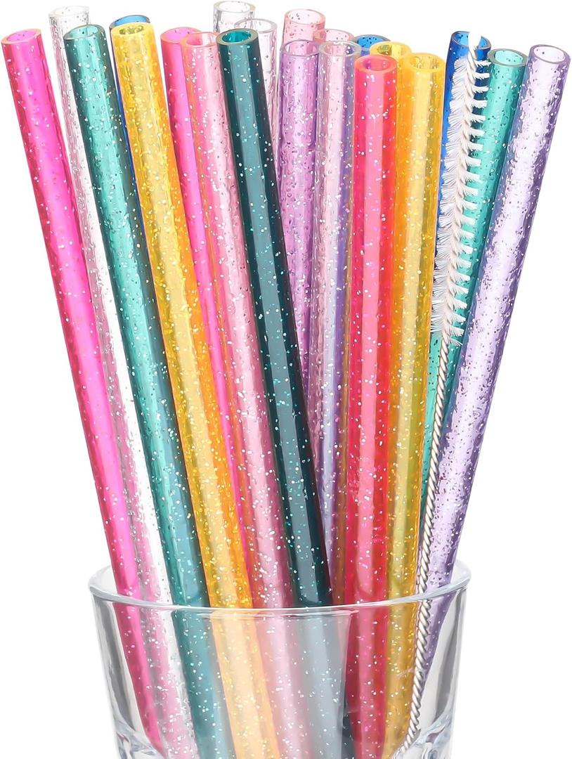 Dakoufish Replacement Glitter Straws for 12 oz 16 oz Jars Tumblers,22 Pack 9 Inch Clear Reusable Plastic Straws With Cleaning Brush,Bpa Free (9inch, Mix Glitter Color)