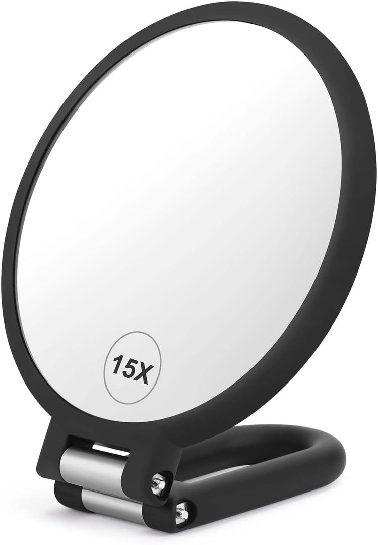 Magnifying Handheld Mirror Double Sided, 1X 15X Magnification Hand Mirrors, Travel Folding Hand Held Mirror, 360Rotation Pedestal Makeup Vanity Mirror (Black)