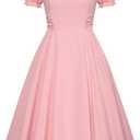 Belle Poque Vintage Dress for Women 1950s Cottagecore Cocktail Dresses Square Neck Puff Sleeve Dress with Pockets, Size XL, Pink