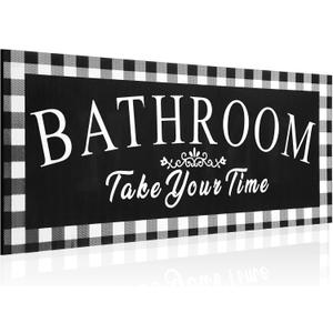 Jetec Buffalo Plaid Bathroom Decor Wooden Vintage Bathroom Wall Sign 13.8 x 5.1 Inch Take Your Time Farmhouse Wall Hanging Plaque Rustic Wood Black Checkered Decor for Restroom Home Door