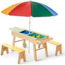 Giant bean 3 in 1 Kids Picnic Table, Indoor Outdoor Sand and Water Activity Table for Toddler Boys Girls, Convertible Sensory Toy w/Height Adjustable Umbrella & 2 Storage
