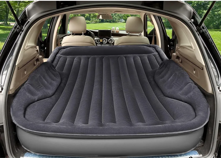 KMZ Portable SUV Air Mattress - Built-in Electric Pump for Fast Inflation - Soft Flocked Surface Car Bed - Ideal for Road Trips & Outdoor Camping - Dark Grey