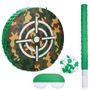 Camouflage Target Piñata, 15.86 Inch Bullseye Piñata with Stick Blindfold Confetti Army Birthday Party Decorations for Dart Gun Camo Hunting Military Theme Party Outdoor Family Game Supplies