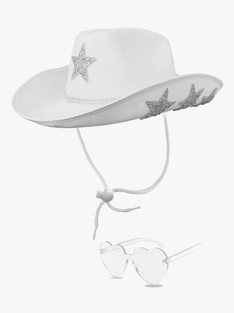 White Cowgirl Hat with Heart Sunglasses - Cowboy Hat with Glitter Star Fits Women for Bachelorette Themed Party