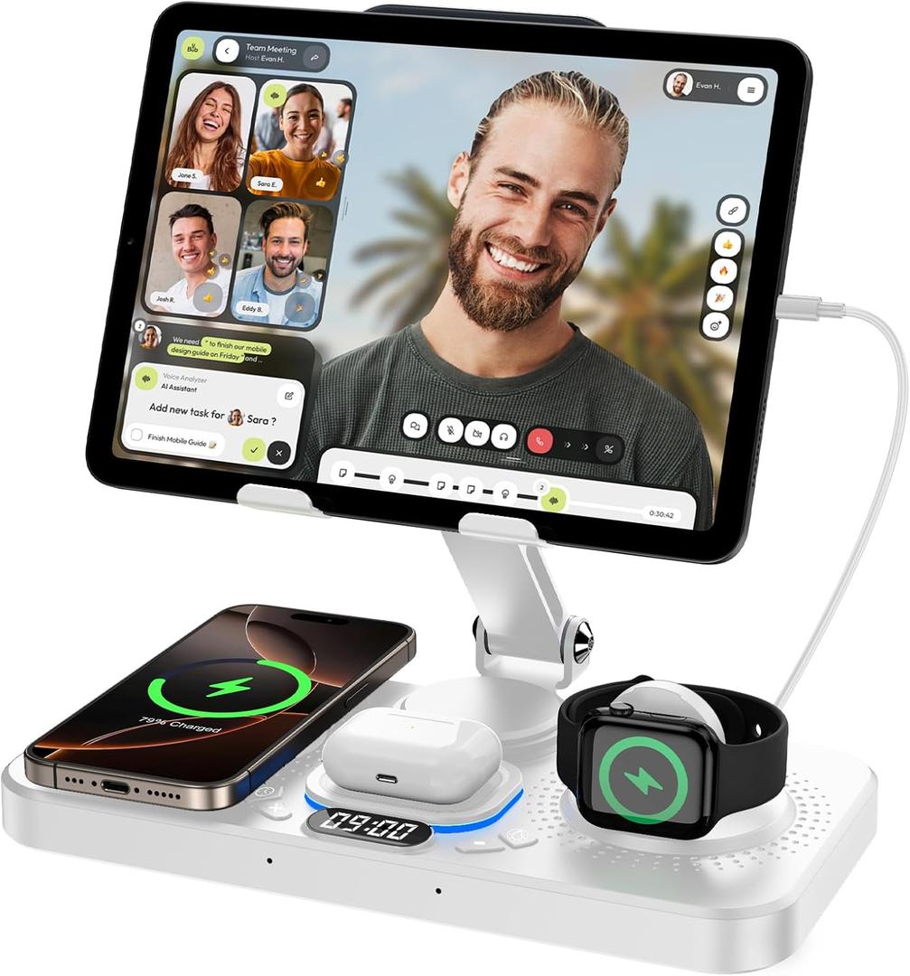 6 in 1 Wireless Charger for Apple Device, 30W Foldable Wired Charging for ipad with Clock & 7 Color Ambient Light, Nightstand Charger Station for iPhone 17/16/15/iWatch Series/AirPods 4/Pro 3(White)
