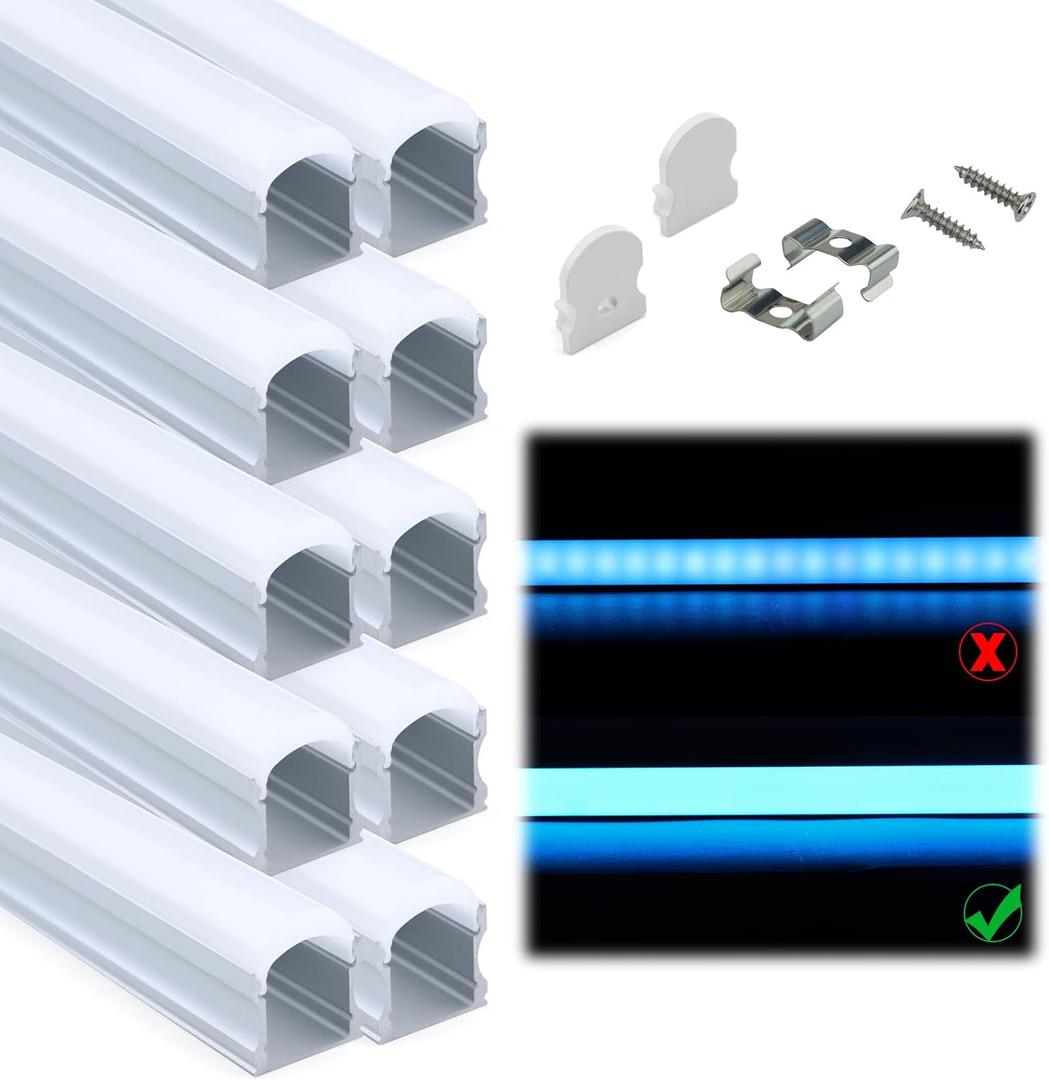 Muzata 10Pack 6.6FT/2M Excellent Spotless LED Channel with Thicker Milky White Cover No Hot Spots Sliver Deeper LED Strip Diffuser Channel U108 WW 2M