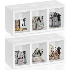 2 Pcs Piggy Bank for Kids Girls Boys, Wooden Give Save Spend Bank for Money Saving Box, Rustic Coin Banks for Adults, Change Coin Jar for Piggy Bank Toy, Early Ideas for Kids