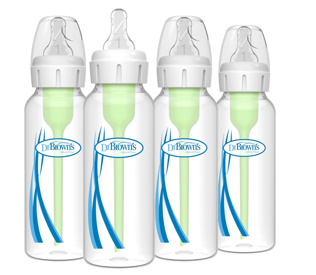 Dr. Brown's AntiColic Options+ Narrow Glass Baby Bottle with Level 1 Slow Flow Nipple, BPAFree, 8 oz/250 mL, 0m+, 4Pack