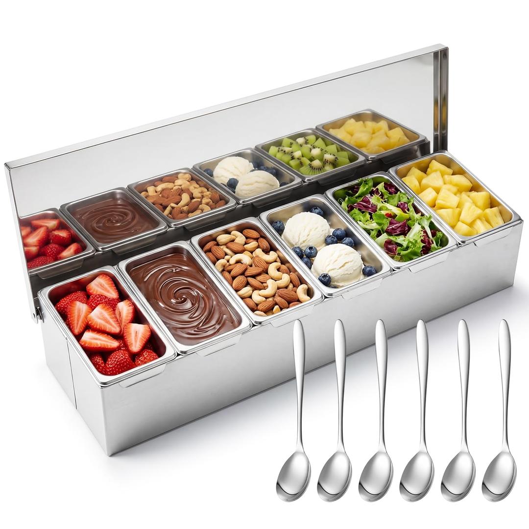 Ferrochef 6 Compartments Stainless Steel Chilled Condiment Tray, Garnish Tray with 6 Removable Compartments, Chilled Condiment Dispenser with Lid, Fruit Serving Containers