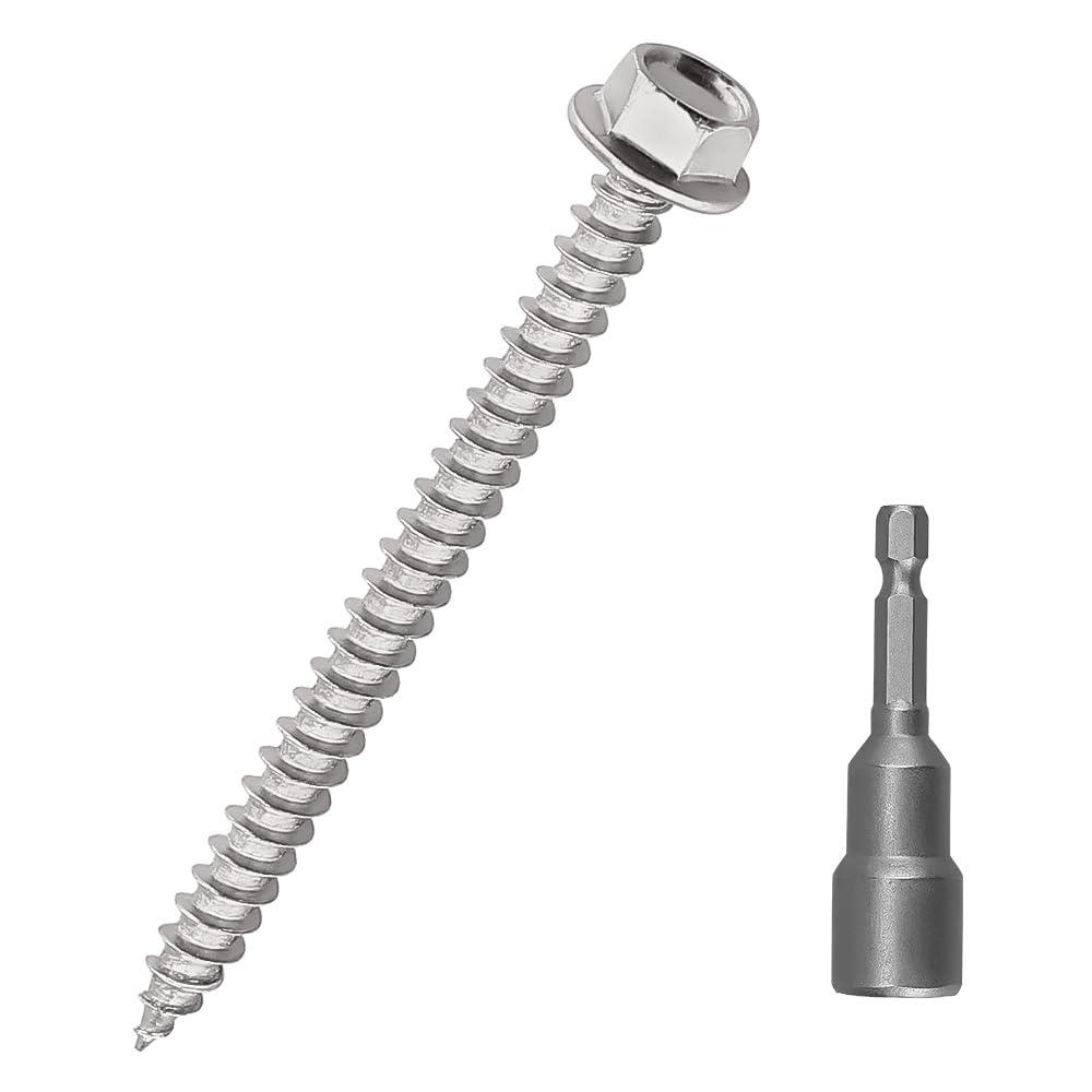 #12 x 2 Hex Flange Head Wood Screws, 410 Stainless Steel Self Tapping Screws, Hex Bit Included (50-Pack)