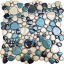 Interlocking Pebble Tiles 5 Sheets, Aqua Teal Blue Mosaic Tiles Mesh Mounted, 12x12 Waterproof Ceramic Tile Flooring for Kitchen Bath Backsplash Shower Floor Pool