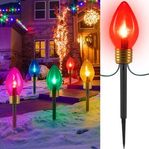 Brightown Jumbo C9 Christmas Lights Outdoor Decorations Lawn with Pathway Marker Stakes, 8 Feet LED Lights Covered Jumbo Multicolored Light Bulb for Holiday Outside Yard Garden Decor, 5 Lights (1 Pack)