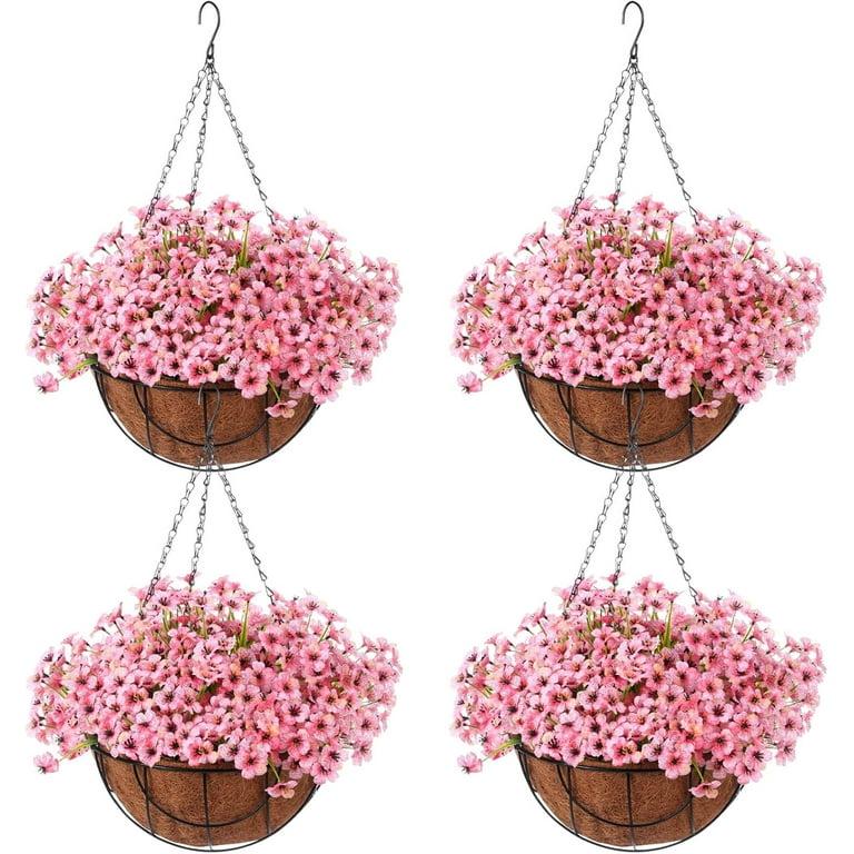 Beeveer Artificial Spring Hanging Flowers in Basket for Home Decoration Faux Orchid Arrangement Porch Plants Coconut Lining Basket for Autumn Courtyard Decor(Pink, Pack of 4)