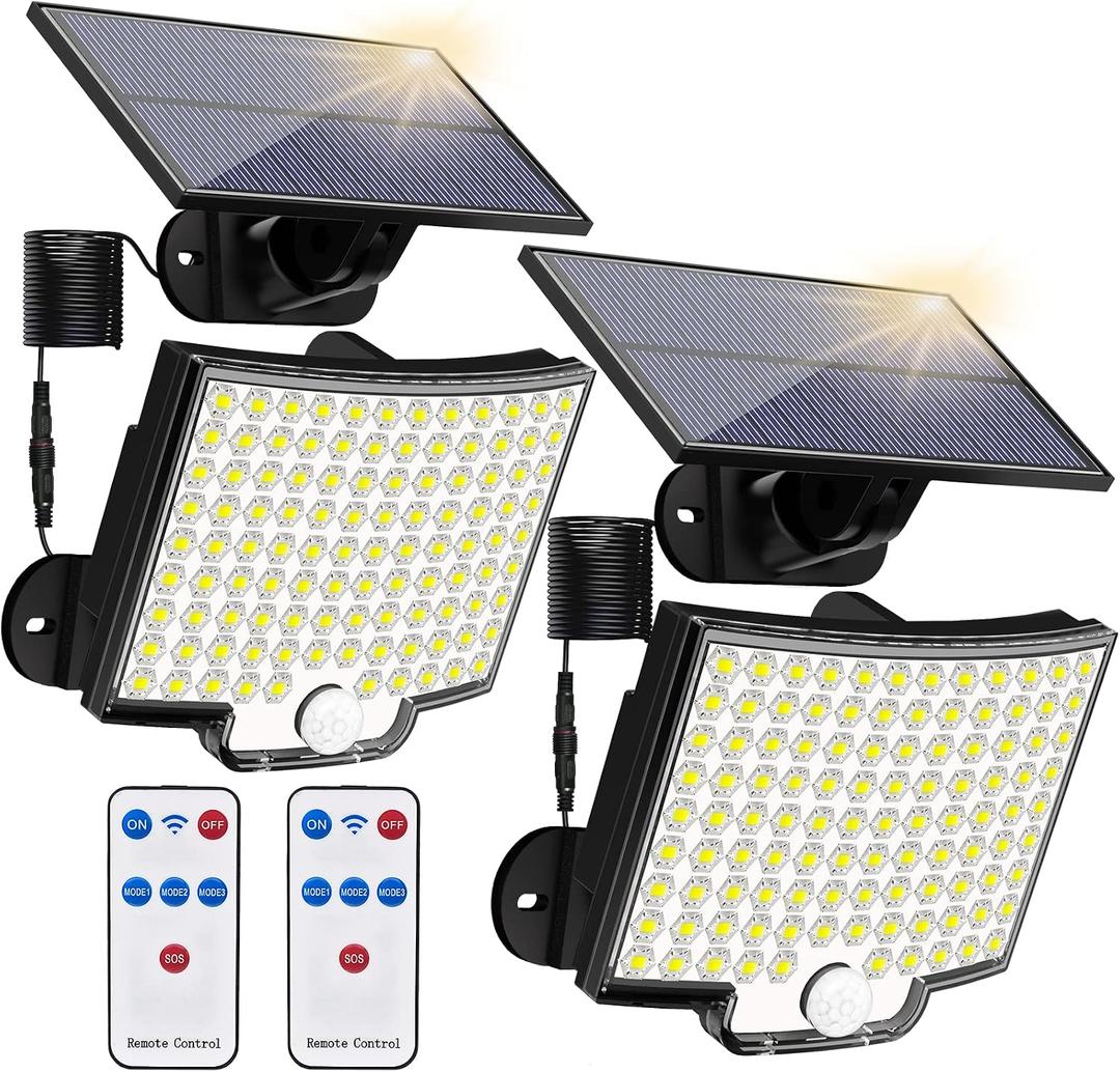 Solar Lights Outdoor, 106 LED 3000LM Solar Powered Motion Sensor Flood Lights with Remote, Dusk to Dawn Led Solar Security Wall Lights with 16.5Ft Cable IP65 Waterproof for Outside, Garage, 2 Pack