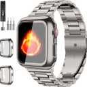 Compatible with Apple Watch Band 49mm 46mm 44mm 45mm 42mm 40mm 38mm 41mm, Stainless Steel iWatch Bands with 2 Pack Tempered Glass Case for Series 11/10/9/Ultra 3 2/8/7/6/5/4/3/2/1/SE for Men (Titanium Lightweight)