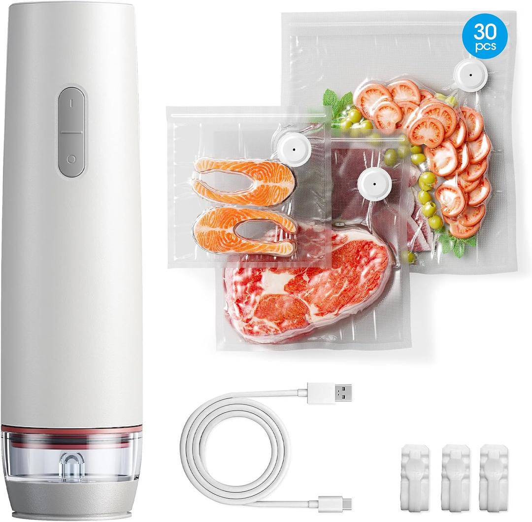 Vacuum Sealer for Food with Visible Water Tank, Portable Handheld Vacuum Sealer Machine, Cordless Compact Sealer with 30 Reusable Vacuum Bags for Fresh & Save Meal Prep (White)
