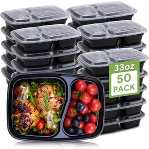 Meal Prep Containers Reusable [50 pack] 33oz 2 compartment Food Storage Containers with Lids Bento Box BPA-free Plastic Lunch Container, Microwave Freezer Dishwasher Safe Disposable To go Take Out Box