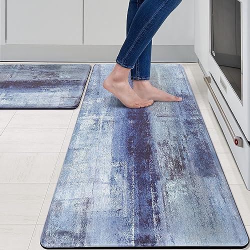 MAYHMYO Anti Fatigue Kitchen Mat - Set of 2 - Blue and Marble Design Comfort Mats - Cushioned, Non Slip Floor Mat